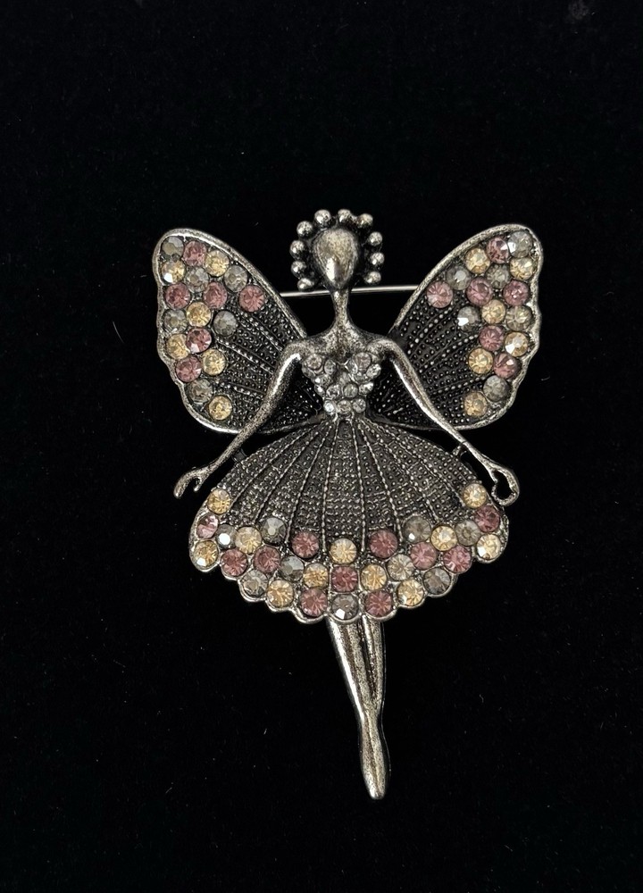 Vintage Fairy Angel Rhinestone Brooch Pin Pink Yellow Crystal Silver Tone