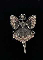 Vintage Fairy Angel Rhinestone Brooch Pin Pink Yellow Crystal Silver Tone