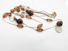 Triple Gold Tone Metal Chain Brown Glass Acrylic Beaded Necklace Vintage