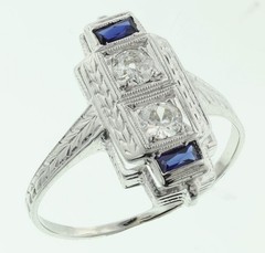 Antique 18K White Gold Mine Cut Diamond & Sapphire Engagement Ring Size 7