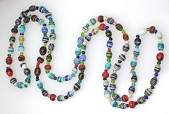 Vintage Hand Blown Glass Trade Bead Necklace Red Blue Green Striped 48″ Long