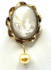 Landscape Grey and White Cameo and Pearl Pin