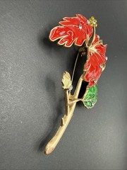 HUGE Flower Brooch Pin Gold Tone Rhinestone Red Enamel J20