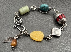 800 Silver Feather Charm Link Bracelet Turquoise Jade Coral Boho 8”