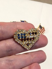 Vintage Patriotic Flag Heart USA Brooch Lot Of 4 Rhinestones Enameled 1980s