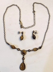 Avon Geniune Tigers Eye Y Necklace & Bead Dangle Earrings Adjustable Length 2008