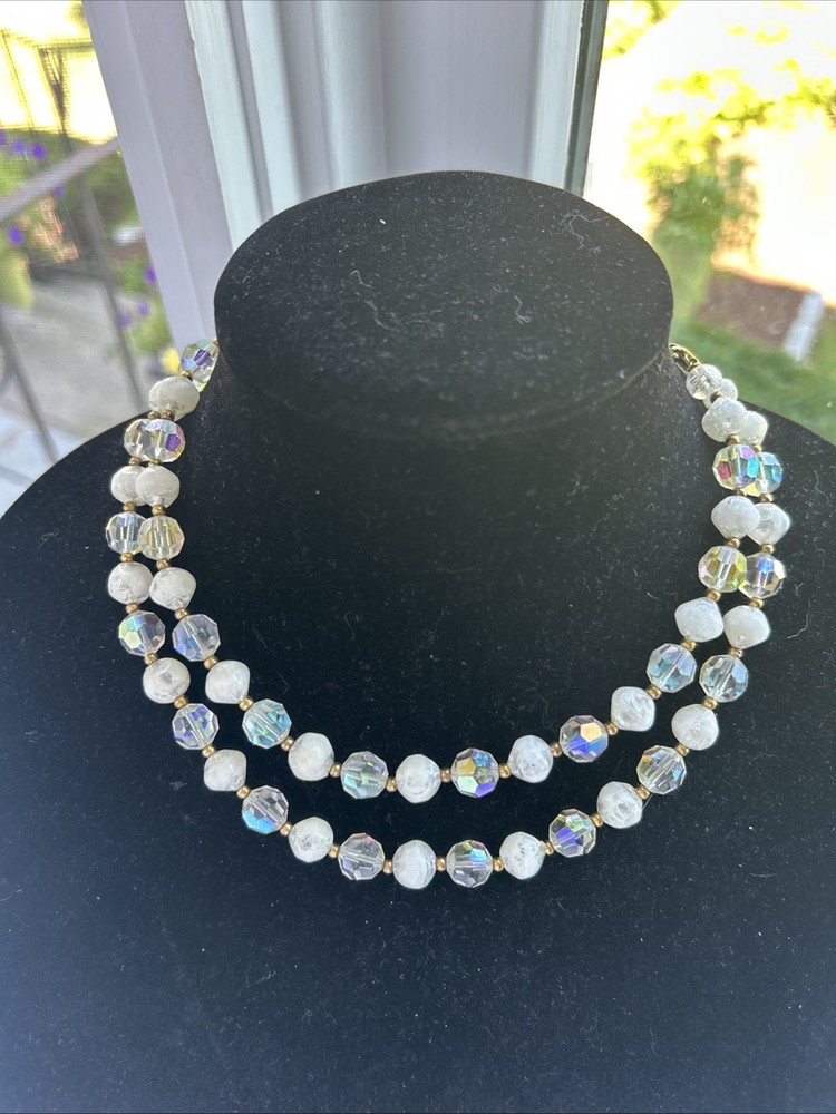 Vintage Lisner 2-strand White Lucite Crystal Aurora Borealis Necklace Beaded $18
