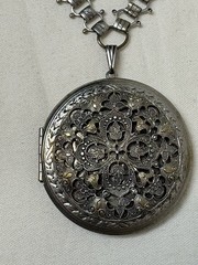 Vtg Victorian Revival Silver Tone Book Chain Locket Pendant Necklace Dbl Sided