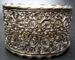 Antique Silver Plate Blue & Purple Glass Cabochon Floral Filigree Bracelet