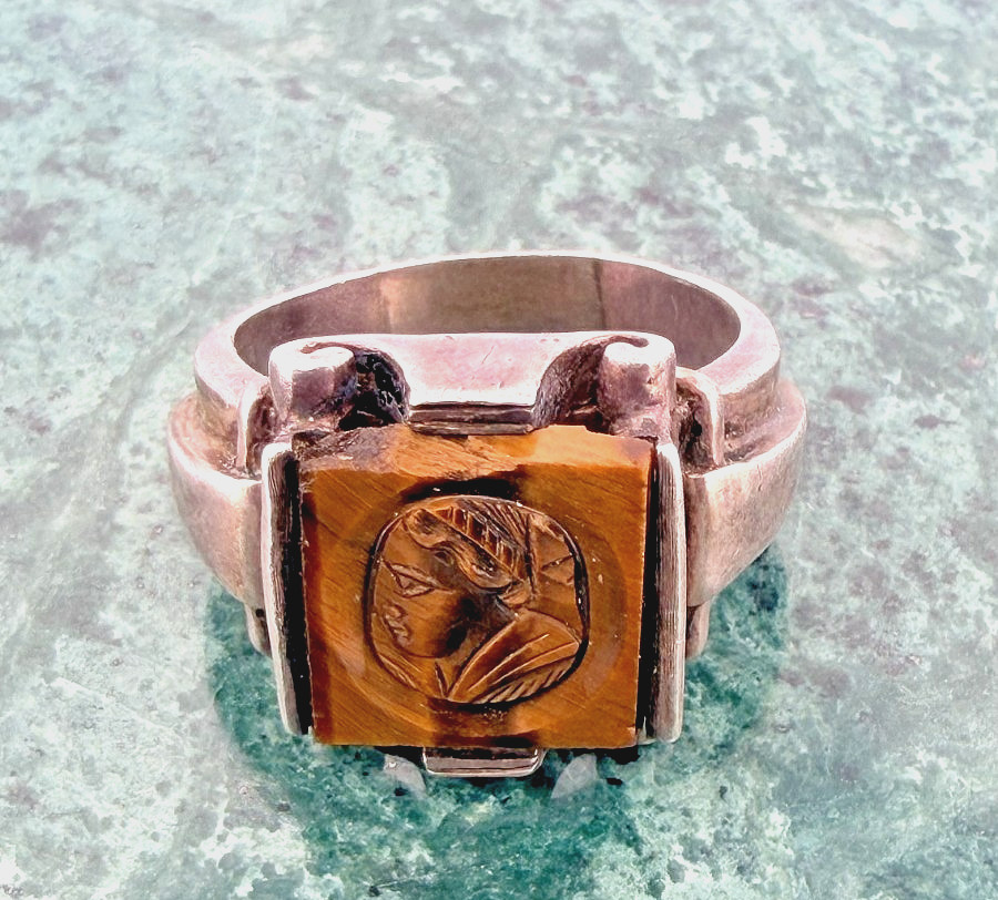 Vintage Men’s Sterling Silver Tiger Eye Ring Intaglio Size 11.75 as is