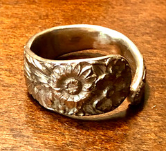 ANTIQUE STERLING SPOON BYPASS RING STUNNING DEEPLY ETCHED FLORAL PATTERN SIZE 13