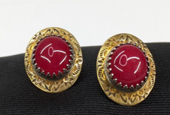MW Signed Pink Stone Cabochon Brass Sterling Southwestern Pierced Earrings 3/4″
