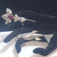 Antique Articulated Koi Fish Chatelaine Pin Red Glass Flower Hand Silver Tone