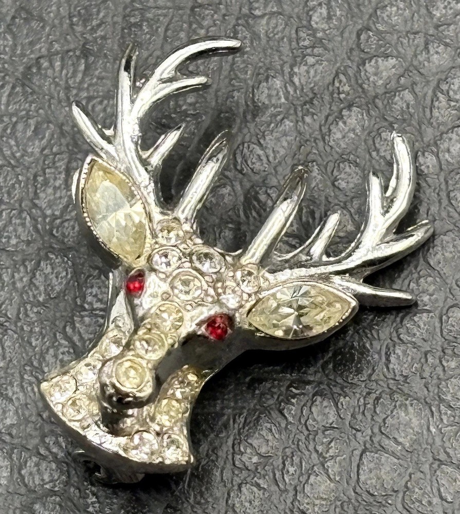 ORA Vintage Art Deco Reindeer Head Small Pin Crystal Rhinestone Ruby Eyes