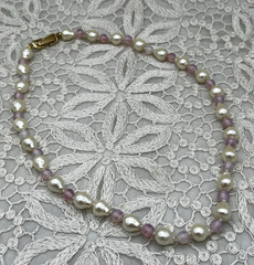 Vintage Freshwater Pearl Necklace Lavender Glass Beads with Gold Tone Clasp