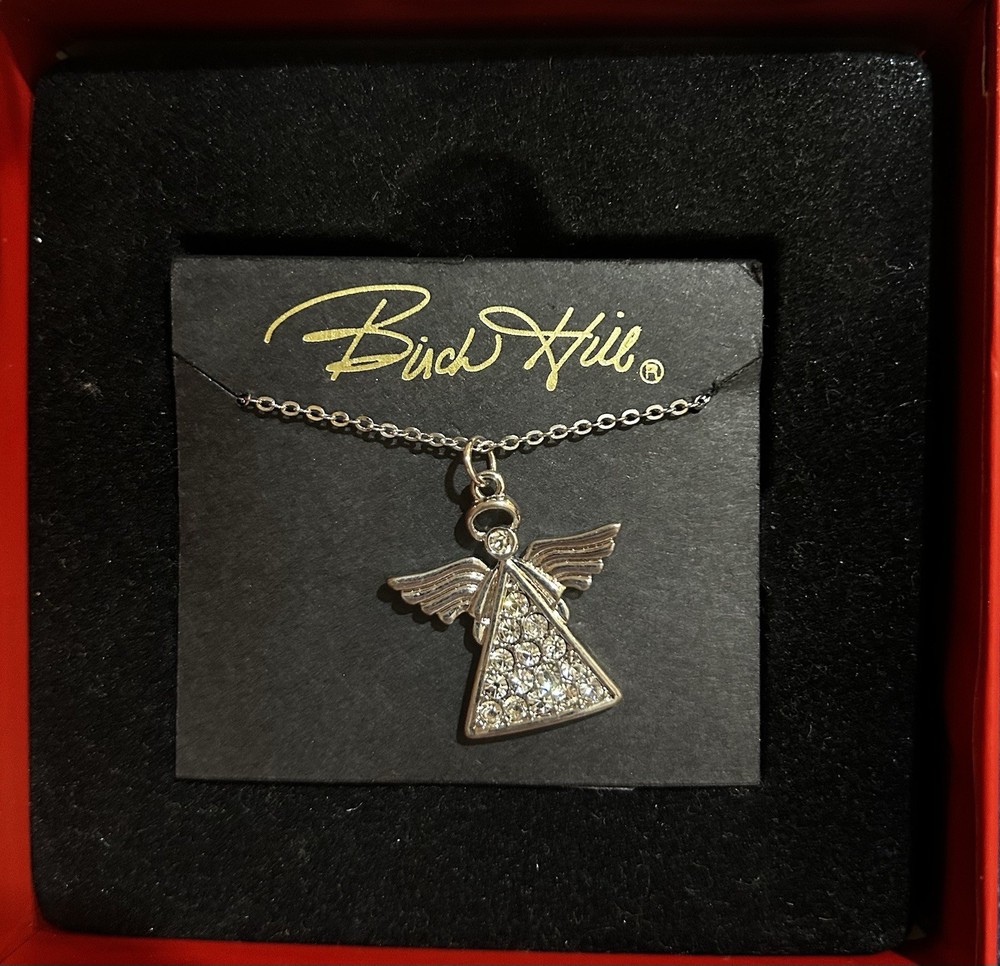 Vintage BIRCH HILL Silvertone Clear Rhinestone Angel Pendant 18” Necklace