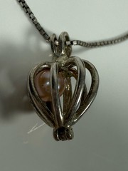 Vintage Pink Pearl Cage Heart Pendant Necklace Sterling Silver Made In Italy