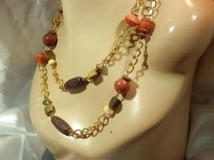 Vintage 80’s Lucite Fall Hues Ornate Detailed Wooden Beaded Necklace 595n2