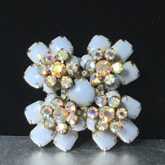 Vtg Maltese Cross Blue Milk Glass Brooch Pin AB Crystal Floral Accents 2.4″