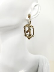 Pair Vintage Gold Tone Dangle Screw-Back Bird Cage Earrings