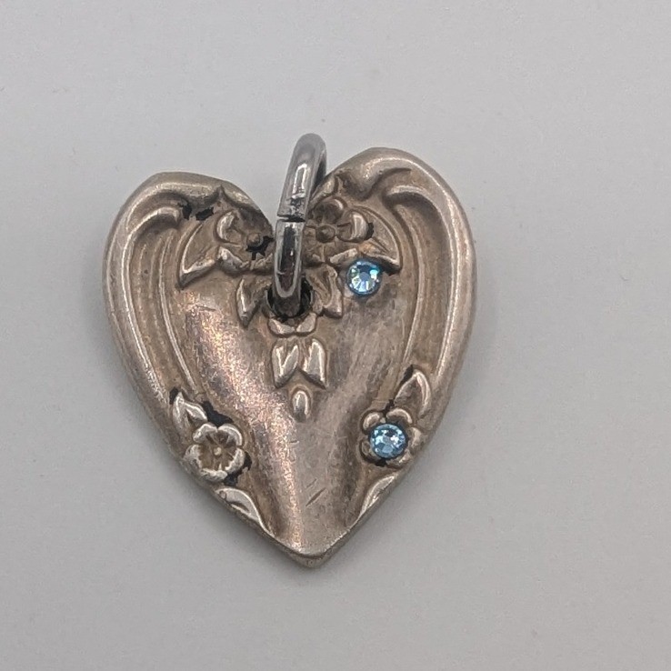 Vintage Heart Pendant Repousse Floral Blue Rhinestone Silver Tone Puffy Charm