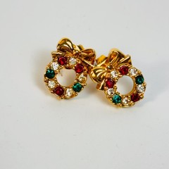 Vintage Christmas Wreath Earrings Gold Red Green Rhinestone Bow Festive Holiday