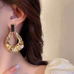 Gold Black Crystal Statement Earrings S925 Post Textured Teardrop Drop Earrings
