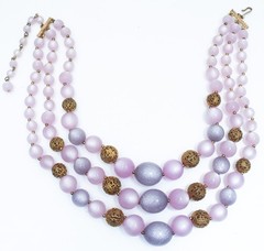 1950s Lucite Necklace Lavender Pink Moonglow Glitter Gold Filigree Beads Grandma