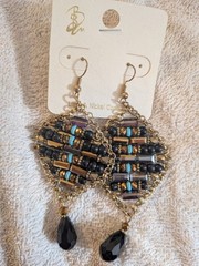 Geometric filigree Black, turquoise, and metallic beads, dangling teardrop