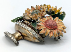 Vintage Pot Metal Brooch Enamel Giardinetti Flower Basket Rhinestone Urn Deco