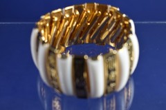 Vintage Gold Tone & White 1.25″ Wide Bracelet Hong Kong-Fits all Wrists
