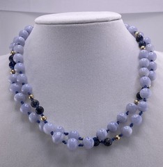 Vintage Blue Lace Agate & Lapis Beaded Necklace 14K Gold Clasp 30in
