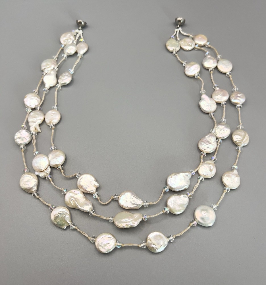 Vintage 3 Strand Freshwater Coin Pearl Necklace Clear Spacer Magnetic Clasp