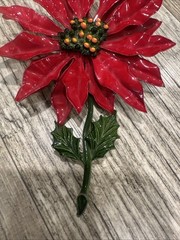 Vintage Enameled Metal Poinsettia Flower Christmas Holiday Brooch Pin XL 5”
