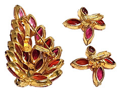 Juliana Pink & Red Marquise Shape Rhinestone Leaf Brooch Clip Earrings Set