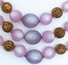 1950s Lucite Necklace Lavender Pink Moonglow Glitter Gold Filigree Beads Grandma