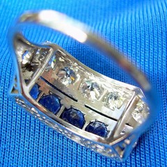 Original EARTH MINED DIAMOND SAPPHIRE Deco Statement Ring PLATINUM Filigree Band