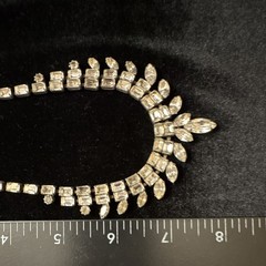 Vintage Clear Rhinestone Statement Tennis Necklace, Box Chain, 15″ Silver Tone