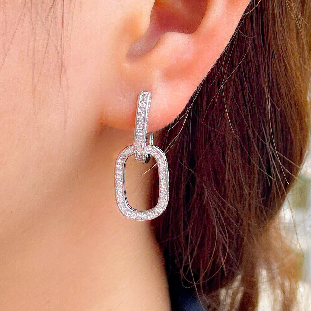 Cuban Link Drop Dangle Earrings 2.3 Ct Simulated Diamond 14K White Gold Over