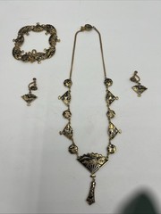 Vintage Amita Damascene Fan Link 3 Piece Set 24k Gold Plated Japan Full Parure