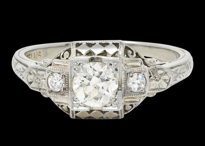 BELAIS ART DECO 0.45 CTW OLD MINE Cut DIAMOND 18 K GOLD CHECKERBOARD Style Ring
