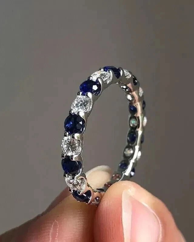 2Ct Round Cut Lab Created Diamond & Sapphire Wedding Band 14K White Gold FN Ring