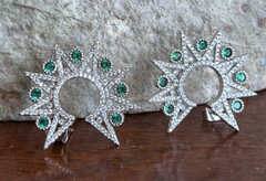 Vtg Sterling Star Point Statement Earrings, Emerald Green & Clear CZ Settings