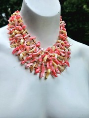 Vintage Hot Pinks Polished Shells Necklace Japan Hook Clasp Multi Strand Japan
