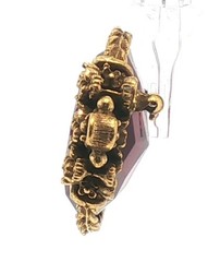 Vintage Gold Tone Brooch — Red Cabochon & Floral Scrollwork