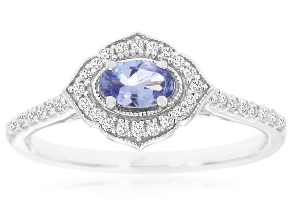 .42CT DIAMOND & AAA TANZANITE 14K WHITE GOLD OVAL & ROUND FLORAL ENGAGEMENT RING