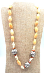 Vintage 1970’s Artisan Handmade Wood & Stone w/ Metal Orbs Beads 30″ Necklace