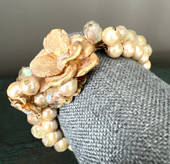 MIRIAM HASKELL FAUX PEARL CRYSTAL RHINESTONE FLOWER WRAP BRACELET / 2 STRAND