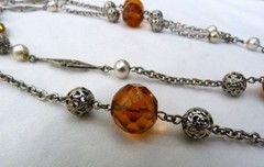 ANTIQUE VINTAGE ART DECO CZECH BEZEL-SET CITRINE GLASS FAUX PEARL BEADS NECKLACE