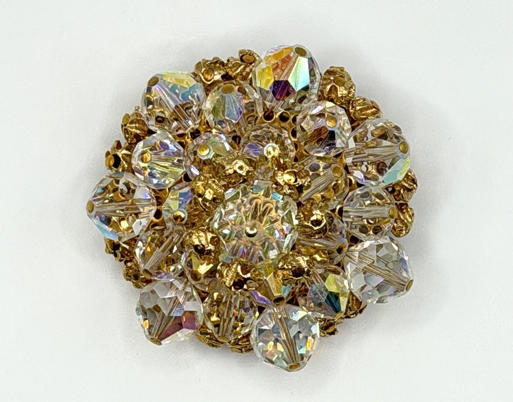 Vintage Cluster Brooch Clear AB Crystal & Gold-tone Beads Cha Cha MCM 1950s